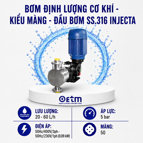 Bơm định lượng cơ khí, kiểu Màng, đầu bơm SS.316 Injecta - Ý
